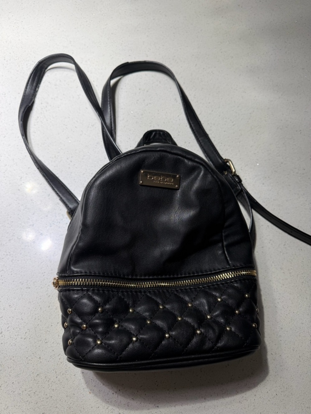bebe Black Quilted Mini Backpack with Gold Studs